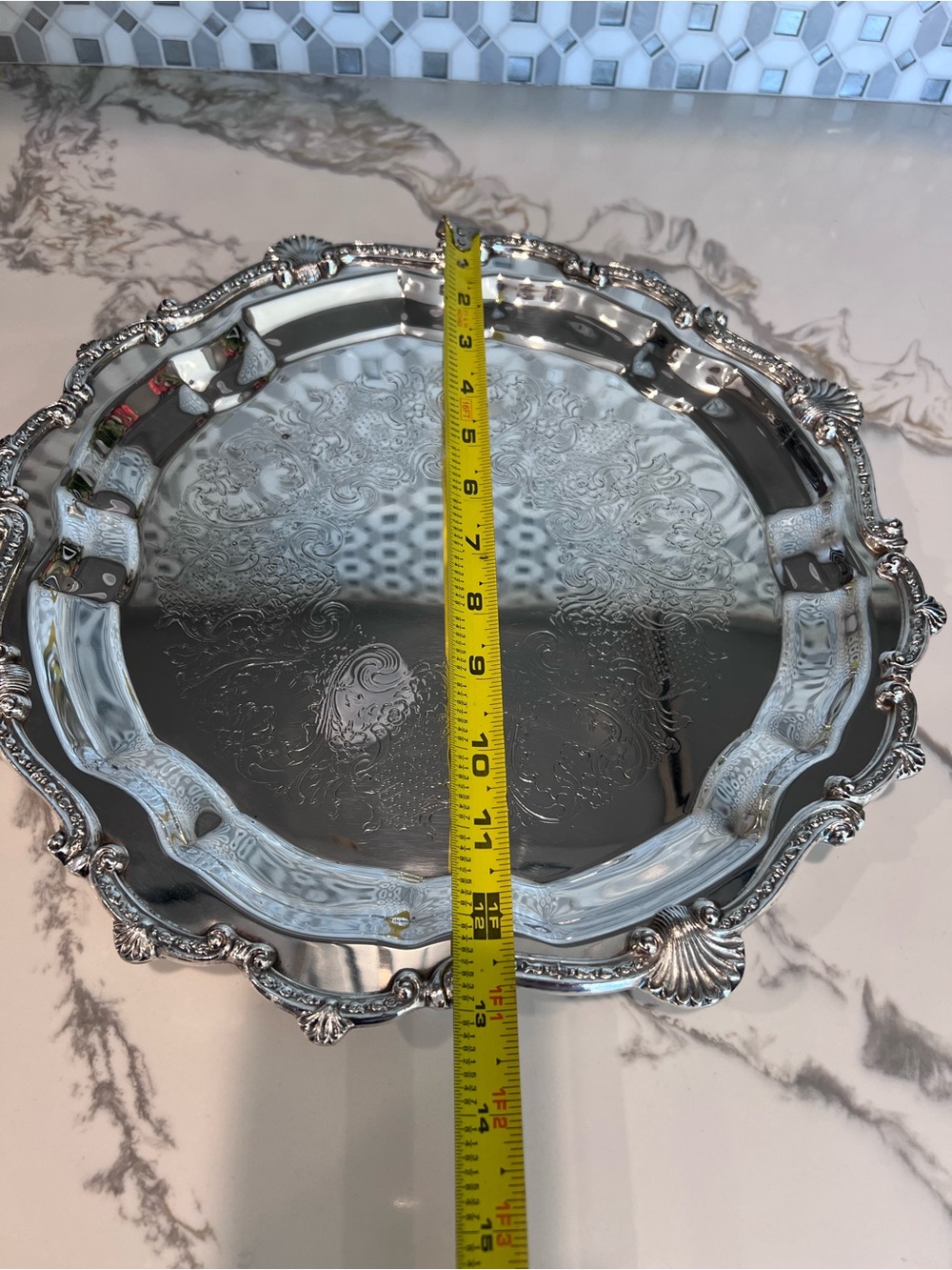 Antique Ornate Silver Plated Footed Tray Large 16" Heavy Solid Stamped Sheridan - Picture 3 of 12